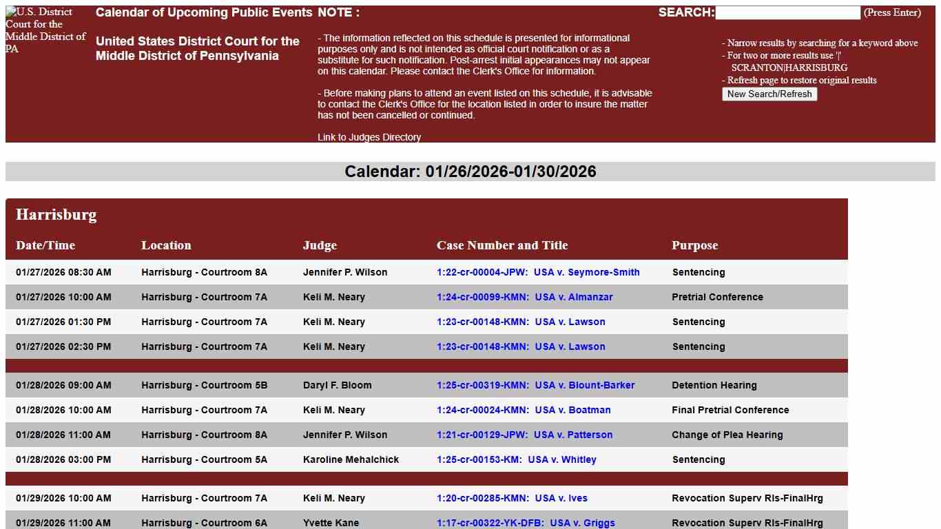 Middle District of PA Court Calendar